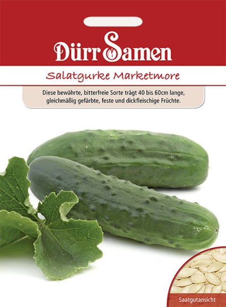 Samentüte für Salatgurke Marketmore von Dürr Samen mit Abbildung von zwei Gurken, einem Blatt und einer Detailansicht der Samen.