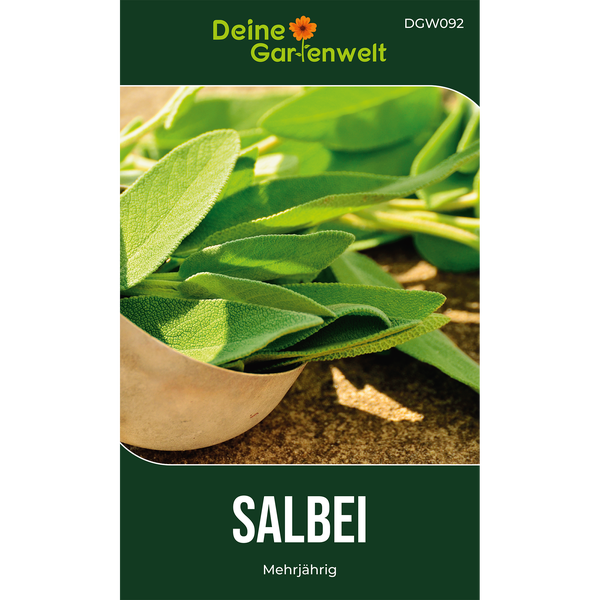 Samentüte für mehrjährigen Salbei mit Deine Gartenwelt Logo und Abbildung von Salbeiblättern.