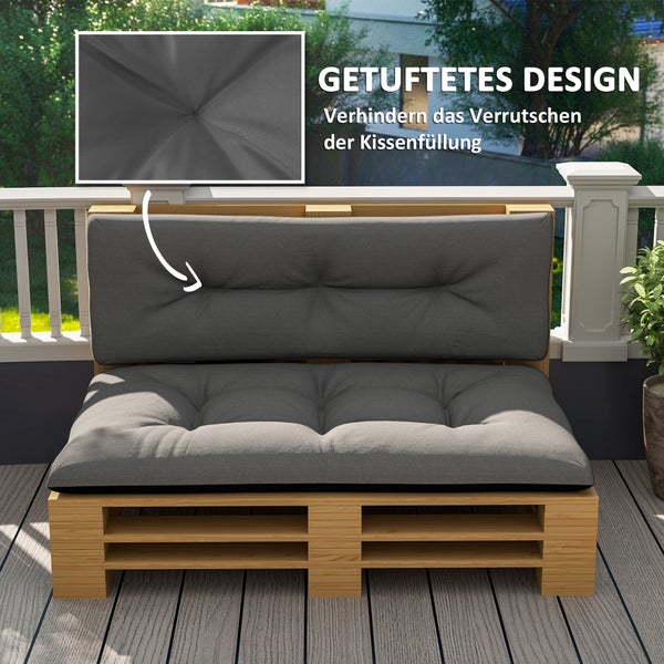 Outsunny Palettenkissen 2er Set Wasserabweisend Sitzkissen Palettenpolster mit Getuftetem Design Rückenlehne Outdoor Kissen Palettenauflagen für Europaletten Palettensofa 120 x 77 x 10 cm Dunkelgrau