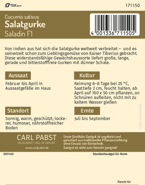 Samentüte für Salatgurke Saladin F1 von Carl Pabst mit Anbauhinweisen für Aussaat, Kultur, Standort und Ernte sowie Barcode.