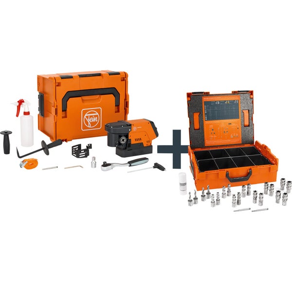 FEIN Magnet-Kernbohrmaschinen-Set inklusive zwei Transportkoffern, Kernbohrern, Sprühflasche und diverses Zubehör.