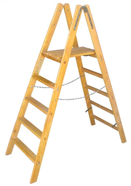 PROREGAL Stehbrettleiter Mit Hartholzstufen Made in Germany 7 Stufen Sprossen 2,42 m Länge Holzleiter Klappleiter