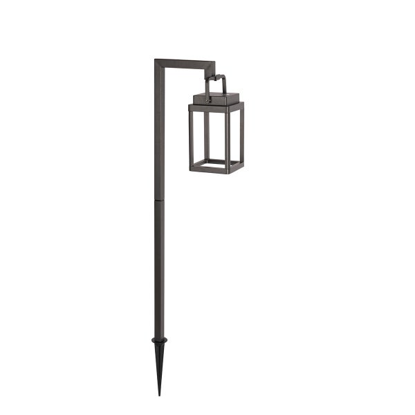 Anthrazitfarbene moderne Gartenleuchte aus Metall mit Erdspieß in Laternenform.