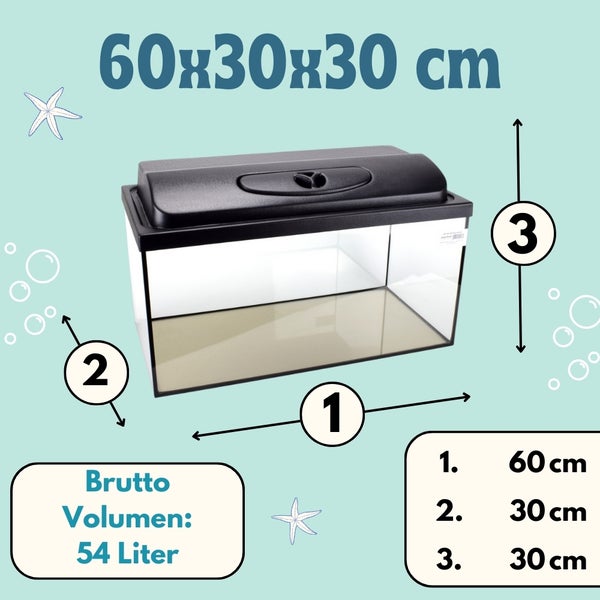 Aquarium mit den Maßen 60 x 30 x 30 cm und einem Bruttovolumen von 54 Litern