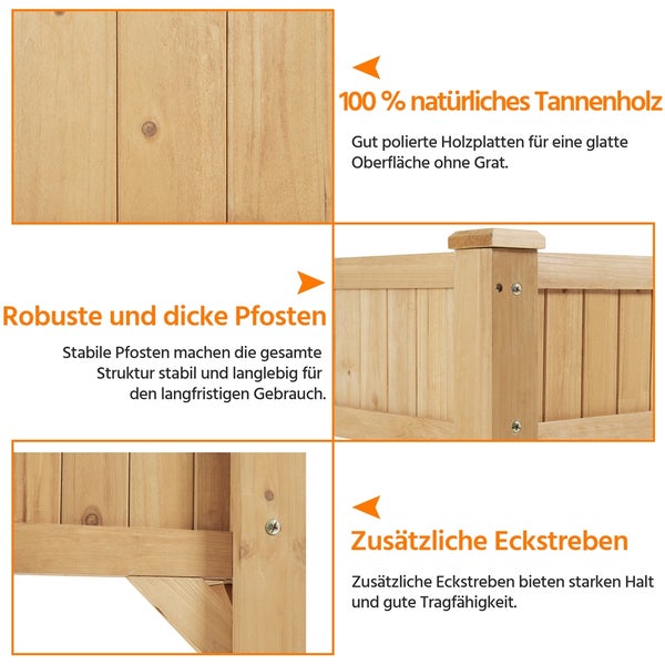 Detailansicht eines Pflanzkastens aus Tannenholz mit Eckverstrebungen und stabilen Pfosten.