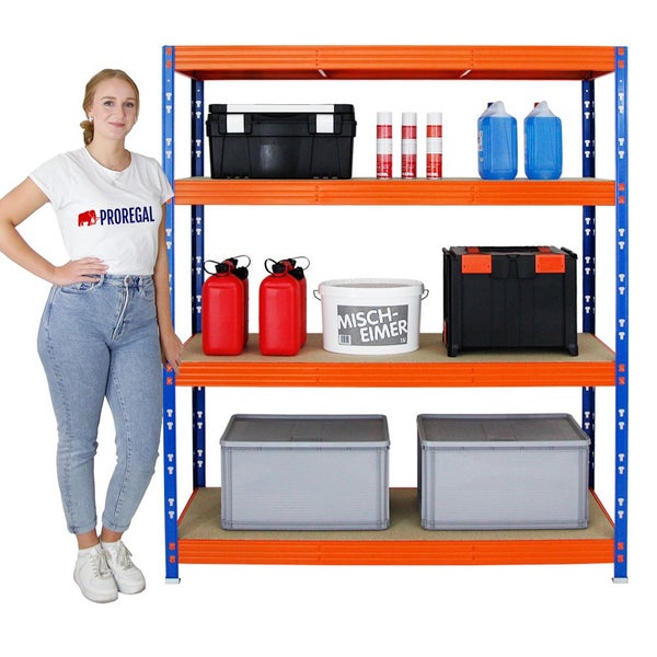 PROREGAL Mega Deal 2x Profi Schwerlastregal Rhino HxBxT 180 x 160 x 60 cm 4 Spanplatten-Ebenen 8mm Fachlast 500 kg Blau-Orange