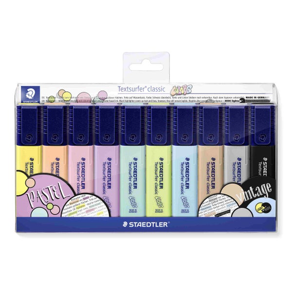 Staedtler Textsurfer classic Textmarker-Set, 10 Stück, in Pastell- und Vintage-Farben auf Wasserbasis in Kunststoffetui. Staedtler Logo.