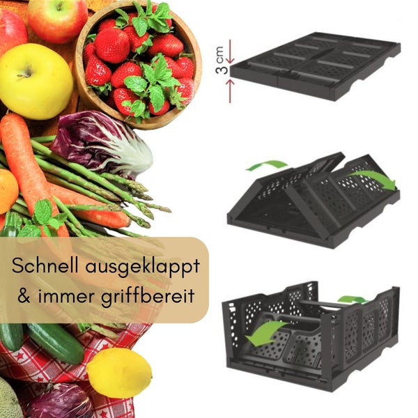 Faltbox in verschiedenen Stadien des Aufbaus dargestellt, mit frischem Obst und Gemüse
