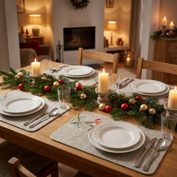 Festlich gedeckter Esstisch mit weihnachtlicher Tischdekoration aus Tannenreisig, Weihnachtskugeln, Kerzen und Platzsets mit Vogelmotiv.