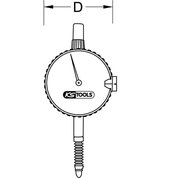 Skizze einer Messuhr mit Größenangabe und Herstellerlogo