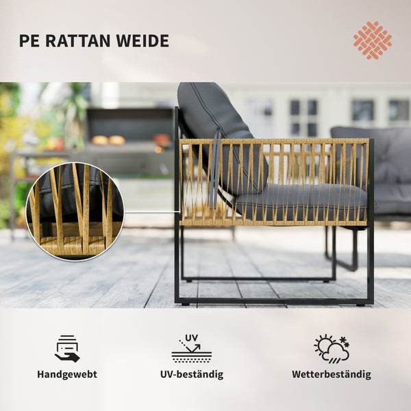 Gartensessel aus PE-Rattan-Weide, handgewebt, UV-beständig und wetterbeständig.