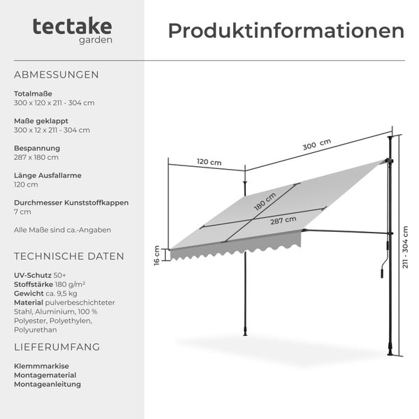 Klemmmarkise tectake  einfache Montage mit Handkurbel hellgrau