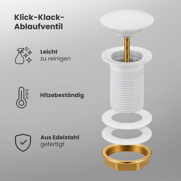 Klick-Klack-Ablaufventil aus Edelstahl, leicht zu reinigen und hitzebeständig.