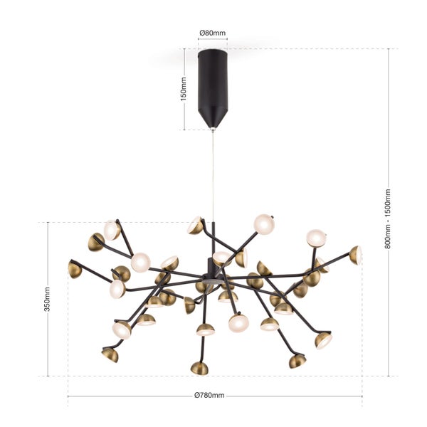 Moderne LED Pendelleuchte mit vielen Armen, Metallgehäuse, Maße 780 Millimeter Durchmesser und 800 bis 1500 Millimeter Abhängung.