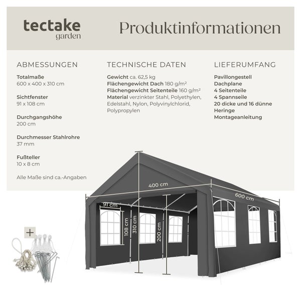 tectake garden Logo. Produktinformationen für einen Pavillon mit Maßen 600 mal 400 mal 310 Zentimeter, technischen Daten und Lieferumfang.