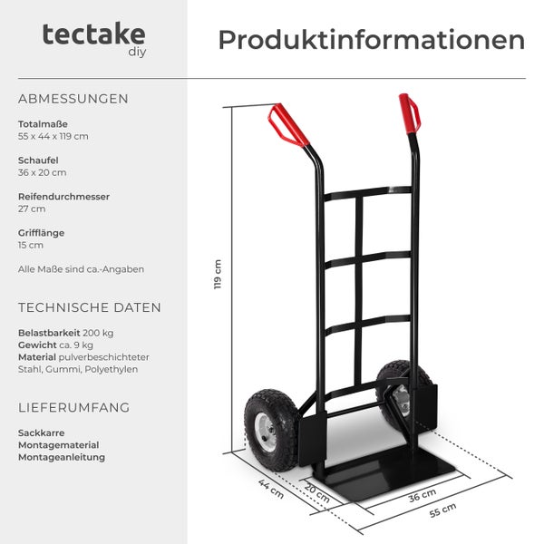 Sackkarre tectake  Belastbarkeit 200 kg mit Stahlrahmen schwarz