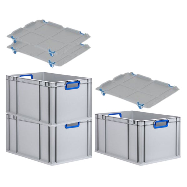 PROREGAL Spar Set 3x Eurobox Nextgen Color Mit Auflagedeckel & Schiebeschnappverschlüsse HxBxT 32 x 40 x 60 cm Griffe Blau Offen Verstärkter Boden