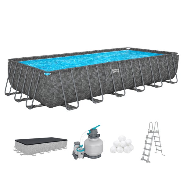 Bestway Power Steel rechteckiges Rahmenpool Set mit Sandfilteranlage, Filterbällen, Sicherheitsleiter und Abdeckplane.