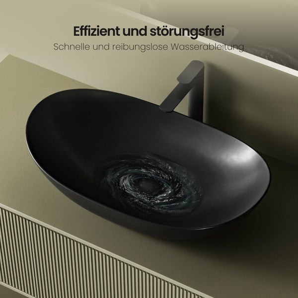 EMKE Aufsatzwaschbecken 615 × 360 mm, Oval, Keramik Waschbecken ohne Hahnloch, für hohe Armaturen, für Badezimmer, Matt Schwarz, Höhe: 155 mm, Modernes Design, Kratzfest, Fleckenresistent, Pflegeleicht
