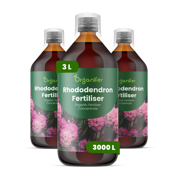 Drei Flaschen Organifer Rhododendron-Dünger, organisches Düngerkonzentrat, 3 Liter ausreichend für 3000 Liter Gießwasser.