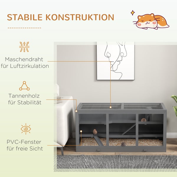 PawHut Zwerghamsterkäfig Nagerkäfig Kleintierstall aus Holz Mäusekäfig mit Treppen Kleintierkäfig Nagervilla Dreistöckig Grau 115 x 57 x 55 cm