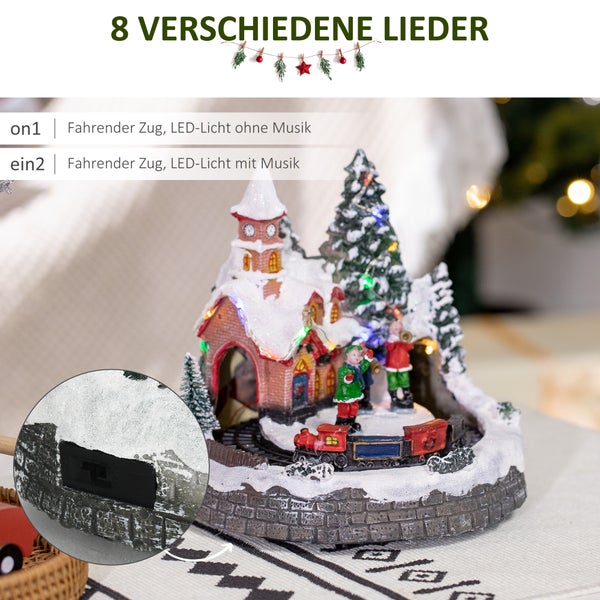HOMCOM Weihnachtsdorf Weihnachtsstadt mit LED-Leuchtung, 1 Kirche, 5 Weihnachtsbäume, 1 Platz, 2 Musiker, 1 Kommandant und 1 beweglicher Zug Winterlandschaft für Weihnachten