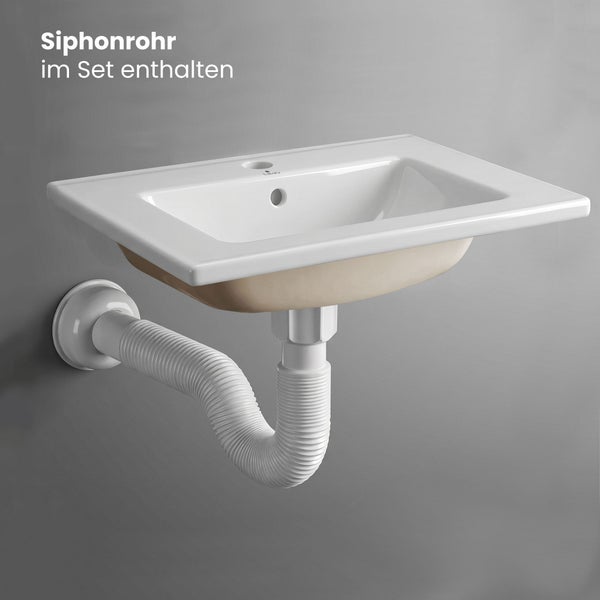 Weißes rechteckiges Waschbecken aus Keramik mit flexiblem Siphonrohr im Set enthalten.
