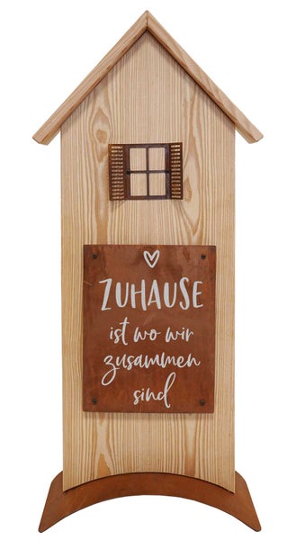 Dekoobjekt in Hausform aus Holz mit Metallplatte und Spruch