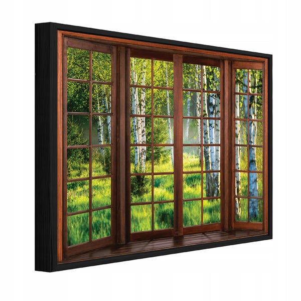 Wandbild als Fenster mit Birkenwaldmotiv im Holzrahmen