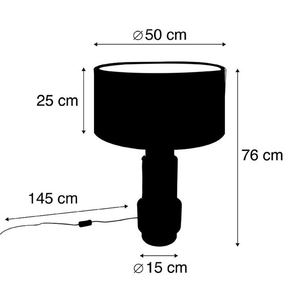Technische Zeichnung einer Tischleuchte mit den Maßen Durchmesser 50 cm, 25 cm Höhe Lampenschirm, 76 cm Höhe, Kabellänge 145 cm, Durchmesser Lampenfuß 15 cm