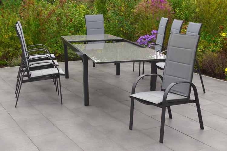 Marini Gartenmöbelset 9tlg., verstellbare Sessel, Ausziehtisch 180 (250) x 100 cm
