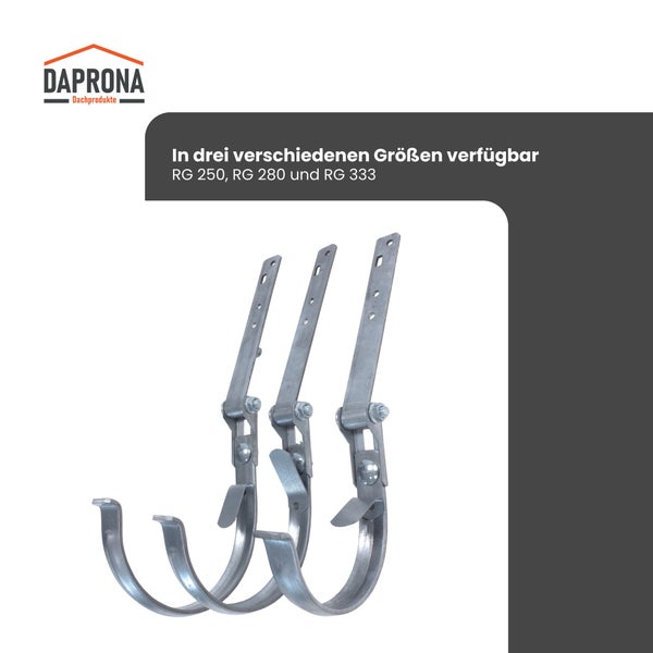 Daprona Logo und drei Rinnenhalter aus verzinktem Stahl in den Größen RG 250, RG 280 und RG 333.