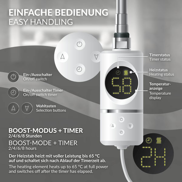 ML-Design Heizstab 600W Weiß mit Thermostat und LCD Bildschirm, Elektronischer Temperaturregler und Timing-Funktion, Heizpatrone Heizelemente für Badheizkörper Heizungen, Elektroheizstab mit Stecker