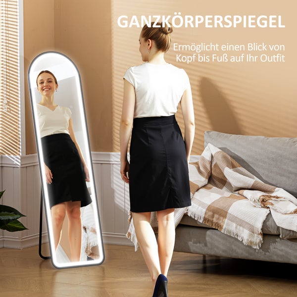 HOMCOM Bogen Ganzkörperspiegel mit Beleuchtung, 150 x 40 cm Standspiegel mit LED, 3 Lichtfarben, Wandspiegel mit Ständer, Touch-Schalter, für Schlafzimmer, Wohnzimmer, Schwarz
