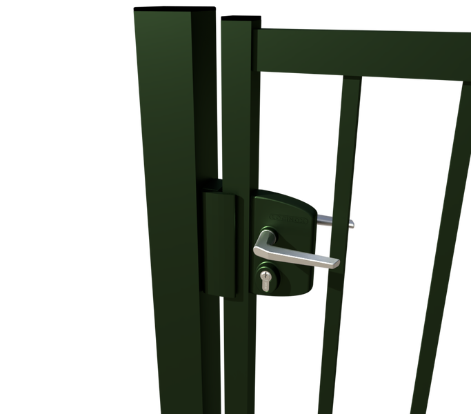 Detailaufnahme eines Gartentors mit Schloss und Griff