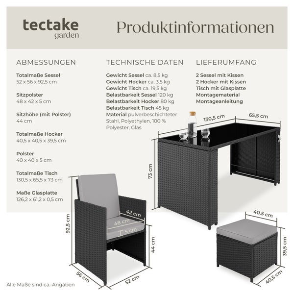 Rattan Sitzgruppe tectake Palermo inklusive Flaschenöffner, zusammenschiebbar für 2 bis 4 Personen schwarz/grau