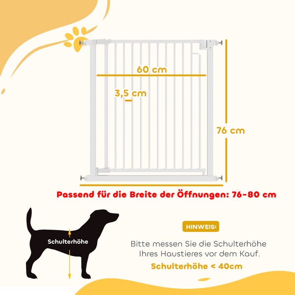 Weißes Haustiergitter, 76 Zentimeter hoch, 60 breit, Stababstand 3,5 Zentimeter. Für 76 bis 80 Zentimeter breite Öffnungen geeignet.