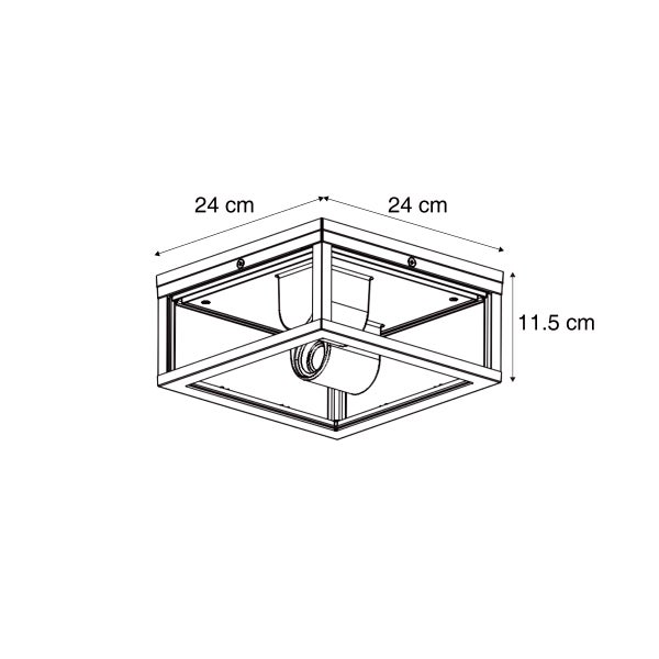 Maßzeichnung einer quadratischen Deckenleuchte mit den Abmessungen 24 cm mal 24 cm mal 11,5 cm