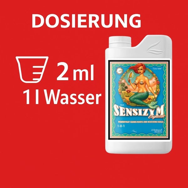 Flasche mit Sensizym organischem Zusatzstoff zur Wurzelreinigung und Dosisangabe