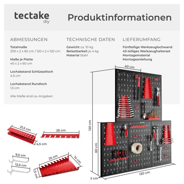 Werkzeuglochwand tectake Jonah Belastbarkeit 4 kg pro Platte fünfteilig schwarz/rot