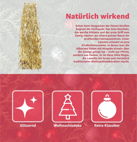 Goldfarbenes Lametta mit den Symbolen Glitzernd, Weihnachtsdeko und Retro Klassiker