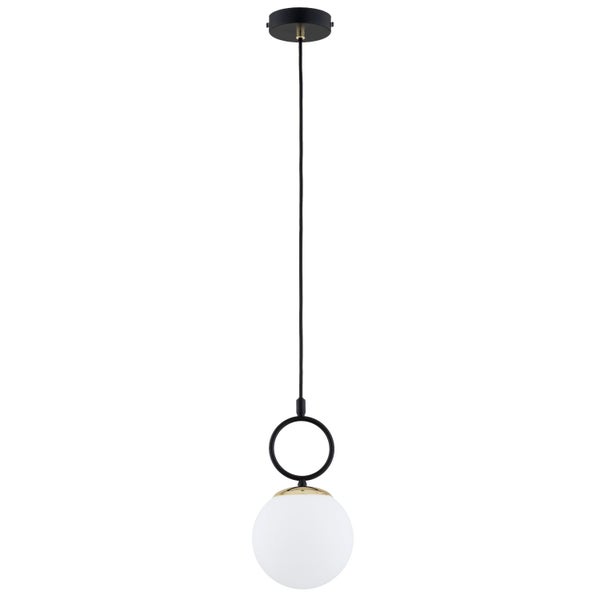 Moderne einflammige Pendelleuchte mit einer Glaskugel und einem schwarzen Ringelement an der Aufhängung