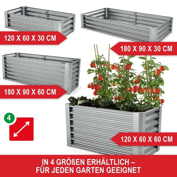 Zwei rechteckige Hochbeete aus Metall-Wellblech im Garten, bepflanzt mit Salat, Kräutern und Tomaten an Rankstäben, inklusive Gartenhandschuhen.