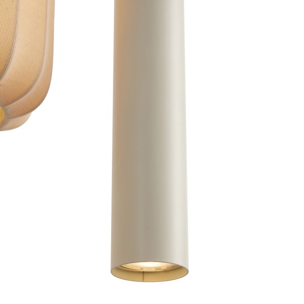 Moderne, zylinderförmige Pendelleuchte aus Metall mit warmem Licht, Detailansicht.