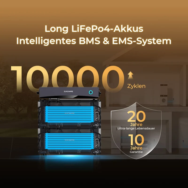 Sunshare LiFePo4 Stromspeicher mit intelligentem Batteriemanagementsystem und Energiemanagementsystem für 10000 Zyklen und 10 Jahre Garantie.