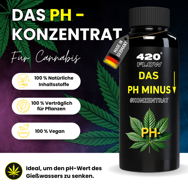420 Flow pH Minus Konzentrat in der Flasche zur Regulierung des pH Wertes von Gießwasser für Cannabispflanzen mit natürlichen Inhaltsstoffen.