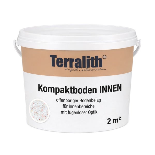 Terralith Logo. Terralith Kompaktboden Innen, offenporiger Bodenbelag für Innenbereiche mit fugenloser Optik, für 2 Quadratmeter.