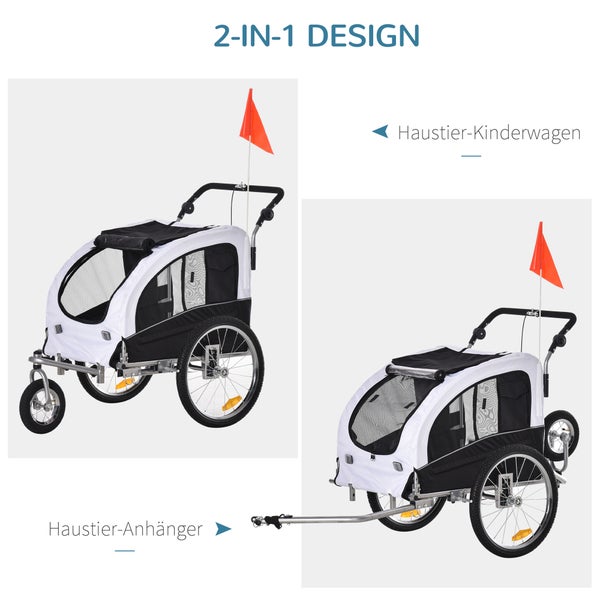 PawHut Fahrradanhänger, 155L x 83B x 108H cm, Polyester, Stahl, Weiß+Schwarz