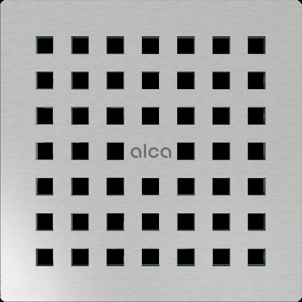 Quadratisches Duschablaufrost aus gebürstetem Edelstahl mit Alca Logo