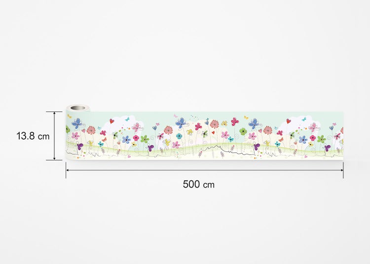 Tapetenbordüre mit skizziertem Blumenmuster in Weiß und Beige.